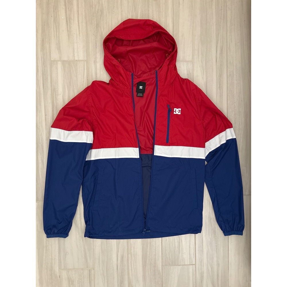 DC Shoes Mens Windbreaker Jacket Red White Blue Colorblock Full Zip Hooded Med